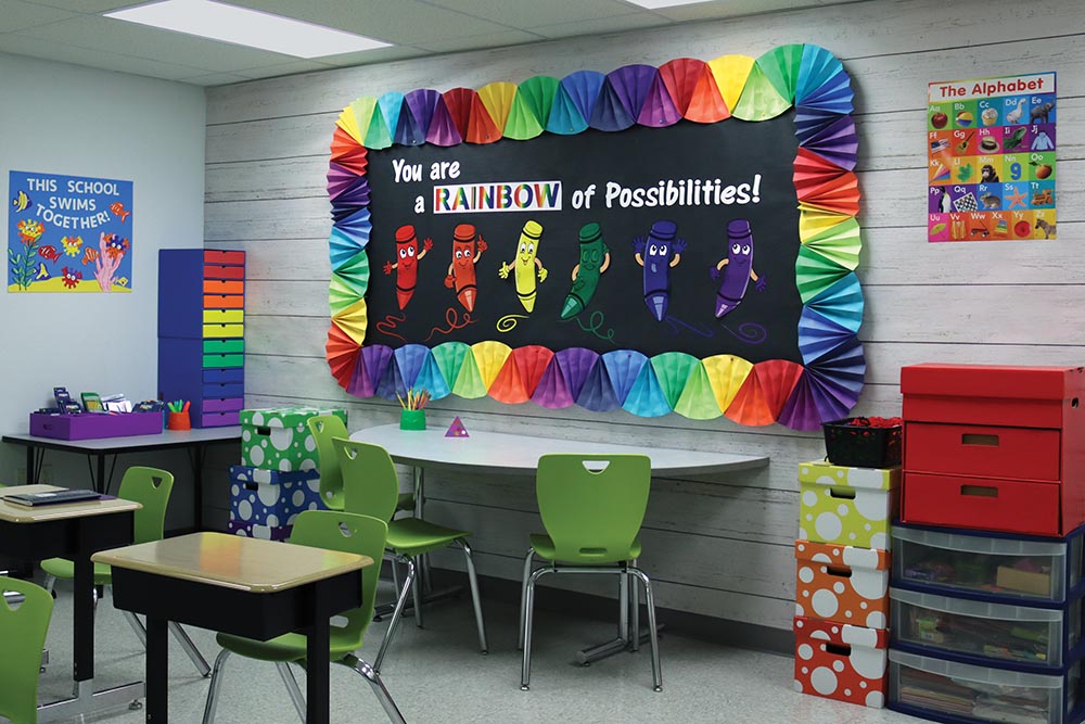 Classroom Decor Gallery Pacon Creative Products   White Shiplap Wall Fadeless Black Rainbow Crayon BB 